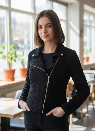 Ženska crna jakna sa asimetričnim rajsferšlusom. Model u stilu na lalafo.rs Ženska crna jakna sa asimetričnim rajsferšlusom. Model u stilu