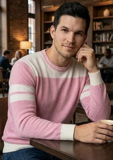 Muški džemper sa prugama – roze/belo - Model: klasičan okrugli izrez