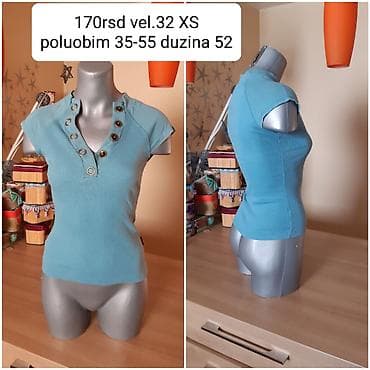Ženska majica kratkih rukava, tirkizno-plava. Model sa V-izrezom i
