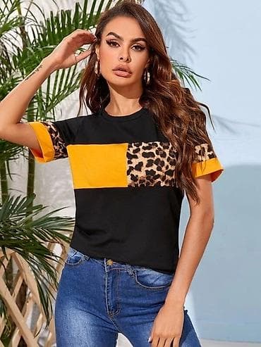 Majica kratak rukav crna boja sa oker i leopard print sarama