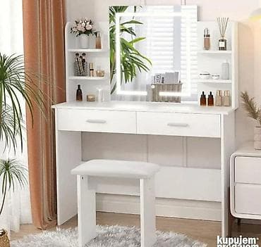 box za kljuceve: Toaletni sto sa LED ogledalom i tabureom - Moderan beli toaletni sto — 8
