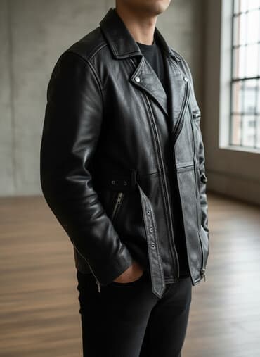 Crna kožna jakna, klasičan moto/biker stil. - Materijal: prava koža — 1