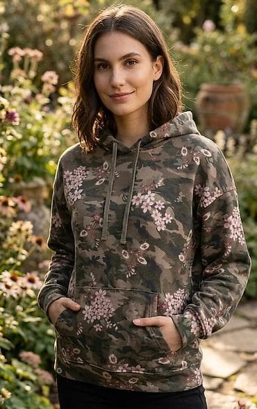 obuca sa platformom: Ženska dukserica s kapuljačom – maskirni dezen sa cvetnim printom - — 1