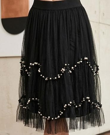 Crna midi suknja od tila sa ukrasnim perlama - Materijal: višeslojni