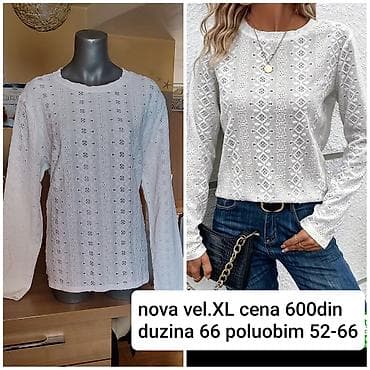 Bela ženska bluza sa dugim rukavima, čipkanog/vezenog uzorka. Okrugli — 2