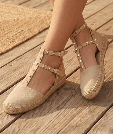 duboke nike: Ženske espadrile sa kaiševima i nitnama - Model: ravne espadrile sa — 1