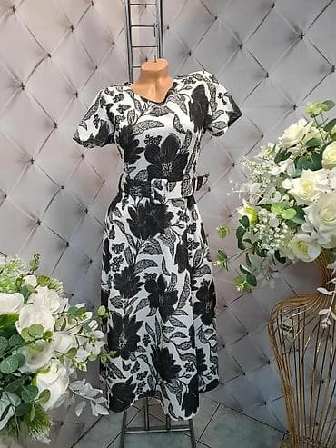 cipele ruma: Ženska midi haljina s pojasom – cvetni dezen - Kroj: A-linija sa — 2