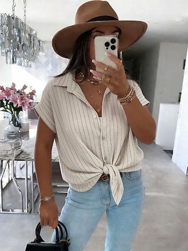 Ženska košulja sa prugama – kratki rukavi, kopčanje na dugmad