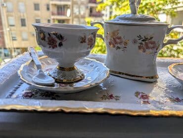 Kotlići: Stari porcelanski set za kafu: - Dve šoljice - Dve kašičice - Posuda — 7