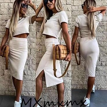Men's Footwear: Komplet crop top majica i suknja sa slicem sa elastinom. Krem — 1