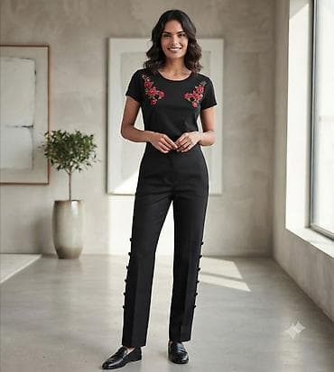 heklane torbe cena: Komplet: Pantalone i Majica.Ženske crne pantalone sa dekorativnim — 1
