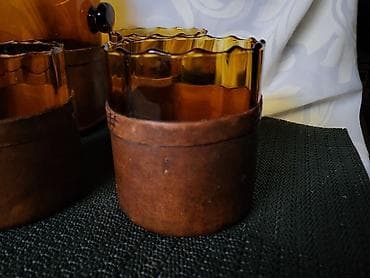 stona brusilica: Servis,rucni rad, duvano staklo,koza za zestoko pice iz 60,70ih.god — 9