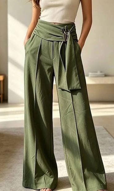 Ženske elegantne široke pantalone sa visokim strukom i efektom