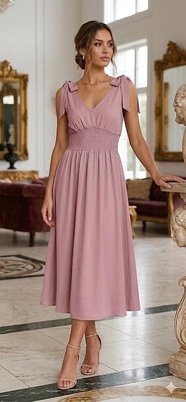 vitafon t: Elegantna midi haljina sa mašnama na ramenima - Model: midi dužina — 3