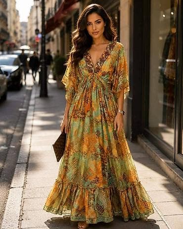 Boho maxi haljina sa etno printom - Model: duga, lepršava maxi