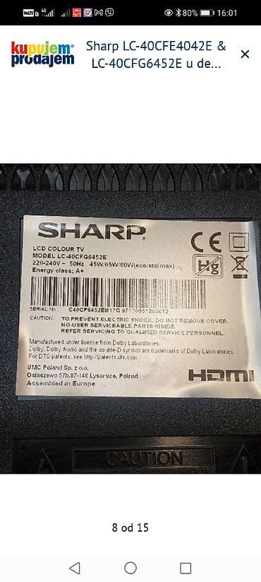 Sharp LCD televizor, modeli LC-40CFE4042E i LC-40CFG6452E - Ekran: 40