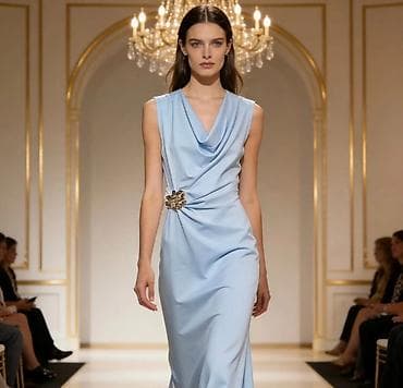 Dresses: Elegantna midi haljina sa drapiranim kaskadnim izrezom i ukrasnom — 3