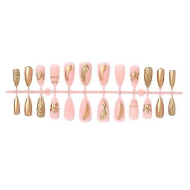 set za negu noktiju: Set presovanih (press-on) noktiju – roze baza sa zlatnim 3D detaljima — 2