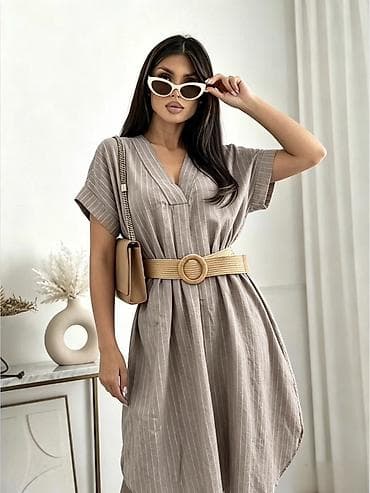 Haljine: Ženska letnja haljina na pruge, midi dužine, sa V izrezom i kratkim — 6