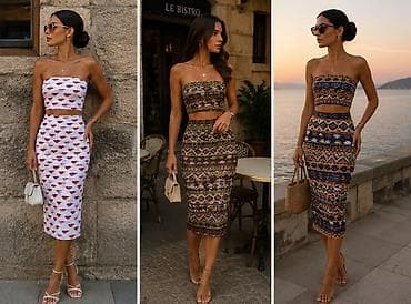 Komplet crop top + suknja do pola lista. - Kroj: uski pencil kroj koji