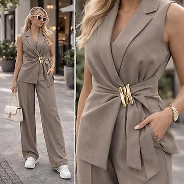 plave svecane haljine: Elegantni ženski komplet bez rukava – sako prslučić i široke pantalone — 2