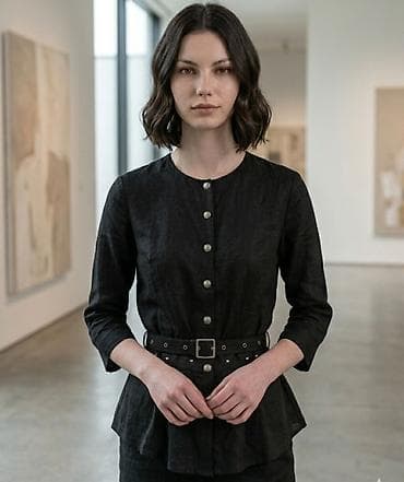 Elegantna crna bluza sa pojasom - Klasičan, ravan okovratnik bez