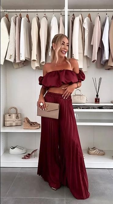 crop kosulja: Dvodelni ženski komplet – plisirane široke pantalone i crop top sa — 4