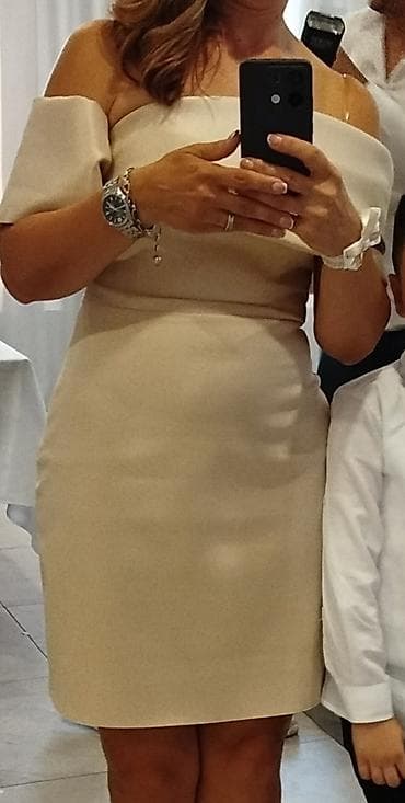 torbe za mame: Elegantna koktel haljina – bež/šampanj ton - Kroj: uska, mini dužina — 1