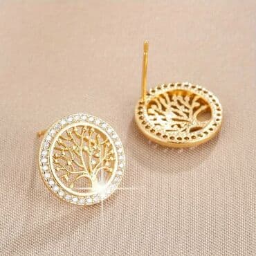 nakit six beograd: 💫Minđuše “Drvo života” – elegantne okrugle push-back (iglica sa leptir — 4