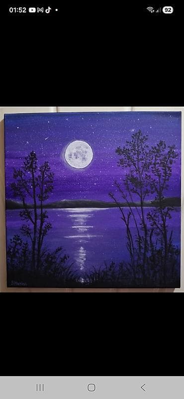 Akrilna slika na platnu – Noćni pejzaž sa punim mesecom - Motiv