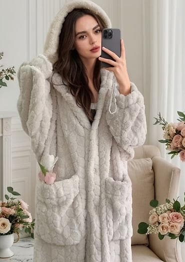 Ženska odeća: Dugi oversized kućni bade - mantil sa kapuljačom - Materijal: ultra — 6