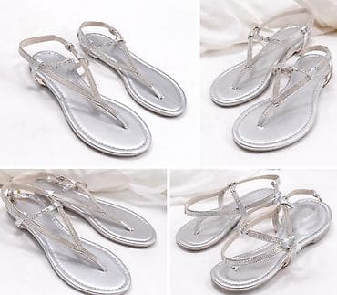 tirkizne sandale: Srebrne ženske ravne sandale sa trakama ukrašenim cirkonima. - — 1