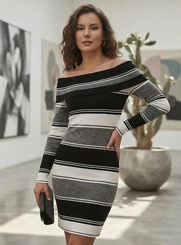 hm grudnjak d: Ženska haljina sa prugama, off-shoulder kroj - Model: uska, elastična — 1