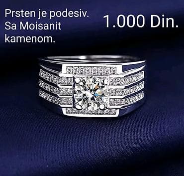 muški djubretarac: Posrebren podesiv muški prsten sa moisanit kamenom sa žigom S925 od — 1