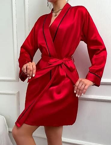 elegantne haljine do kolena: Saten kimono/bademantil, vel. XL – crvena boja - Materijal: glatki — 2