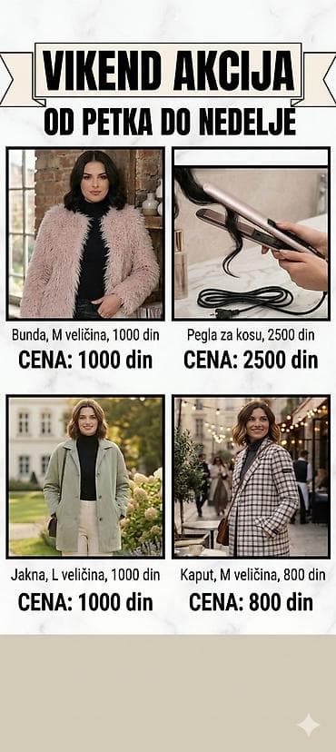 huarache bele: Vikend akcija – od petka do nedelje - Bunda, veličina M, cena: 1000 — 1