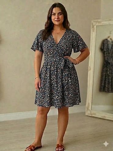 h patike: Žensko letnje haljina na preklop – mini/midi dužina, kratki lepršavi — 4