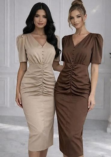 celo telo 3: Elegantna midi haljina s naborima i dugmadima - Kroj: pripijena midi — 2