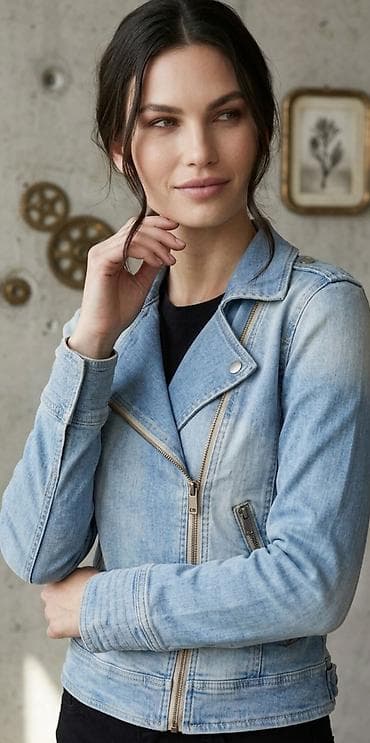 katrin majice: Ženska teksas jakna – svetloplava, moto kroj - Materijal: klasični — 1