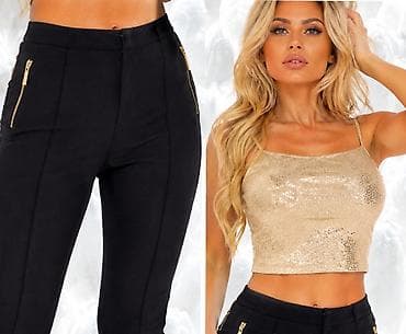 opposite ugg: Ženske slim fit pantalone – crne, sa zlatnim rajsferšlus detaljima - — 2