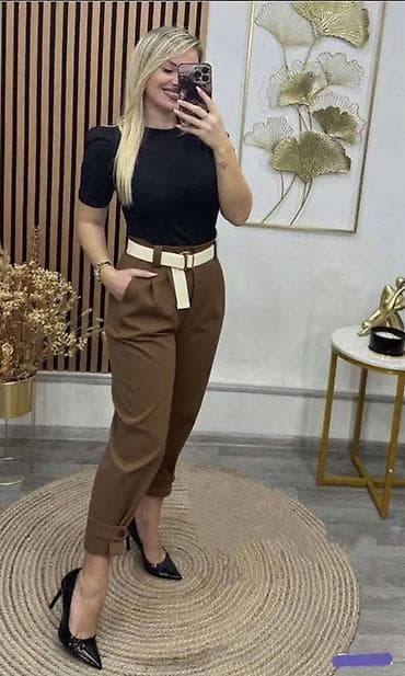 m10 pantalone: ✅Elegantne ženske pantalone sa kaišem - Model: visok struk, blago — 3