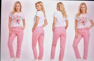 poderane farmerke: Ženske pantalone – svetlo ružičaste boja puder roze - Kroj: ravan — 1