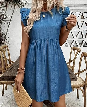 opposite sandale akcija: Ženska kratka teksas haljina sa volan rukavima - Materijal: lagani — 1