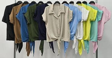 asimetricna tunika: Ženska košulja sa prugama – kratki rukavi, kopčanje na dugmad — 8