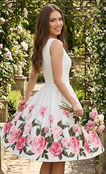Bela ženska haljina bez rukava sa floralnim printom ruža. Gornji deo