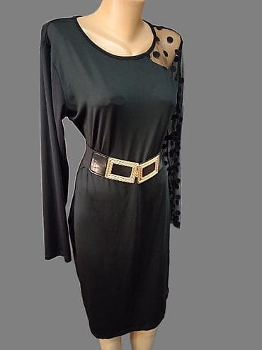 Haljine: Crna elegantna haljina sa pojasom i prozirnim detaljima na tufne novo — 3