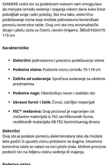 Nameštaj: SVANEKE – radni sto sa podešivom visinom, crna boja, 80 x 160 cm — 4