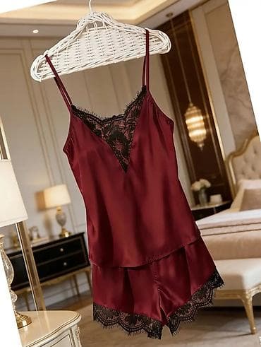 Men's Clothing: Damski set za spavanje – satenski top i šorts - Boja: bordo sa crnom — 2