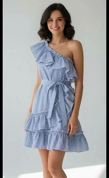 Letnja haljina na jedno rame – prugasti dezen - Kroj: mini dužina