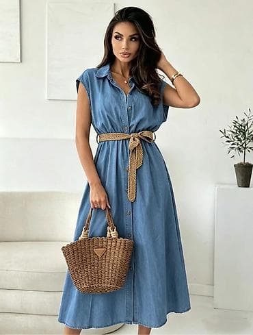 boho haljine cena: Ženska letnja midi košulja-haljina od teksasa - Model: bez rukava — 3